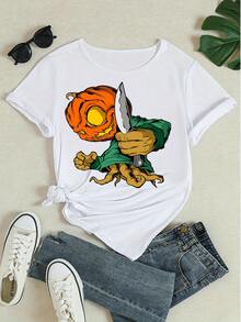 Camiseta feminina de Halloween com estampa de cabeça de abóbora e monstro, manga curta, gola redonda, modelagem solta, ideal para festas e uso diário. - Branco - Ver 4