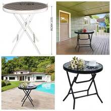 Folding Side Table, Foldable Coffee Table, Outdoor Garden Table, Small Round Patio Table - Black Grid - Black Grid - View 1