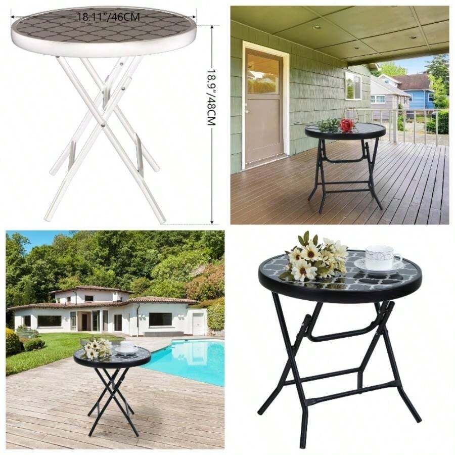 Folding Side Table, Foldable Coffee Table, Outdoor Garden Table, Small Round Patio Table - Black Grid - Black Grid - View 1