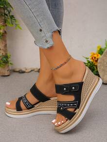 New Women's Fashion Casual Comfortable Simple Black Wedge Increased Height Travel Hemp Rope Versatile Middle-Aged Mother Slippers - Black - View 4