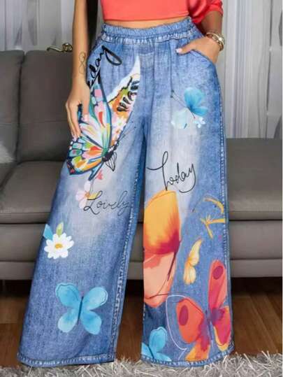 Women's Casual Floral Imitation Denim Print Straight Pants Casual Fashion Pockets Women's Four Seasons Pants Abstract Watercolor Letters Butterfly Pattern Pockets