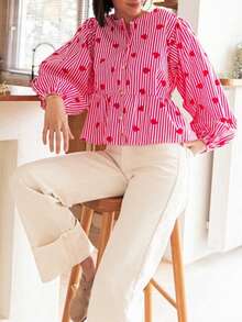 New Stylish & Elegant Striped Heart Front Button Round Neck Lantern Sleeve Top, Suitable For Holiday, Daily Wear, Festivals, Dates, Travel Spring - Hot Pink - View 3