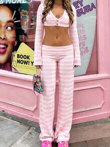 Striped Long Pants For Women Fold Over Low Rise Straight Leg Sweatpants Y2k Stretchy Loose Wide Leg Pants Lounge Leggings - Hồng - Xem 8