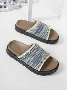 Nuevas sandalias de cuña con suela gruesa y decoración de remaches metálicos, cómodas y versátiles sandalias de playa aptas para uso diario - Azul - Ver 6