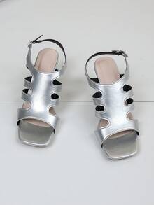 Geometric Cut-Out Heels | Silver Metallic Strappy Sandals For Futuristic Party Look - Silver - View 1