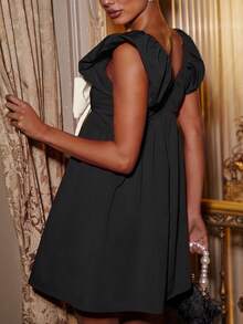 Women Mini Dress Big Bowknot Fly Sleeve V-Neck Dress Summer Fashion Babydoll Dress Valentine Date - 黑色 - 查看 5