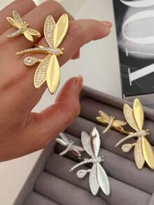 rundraw 1枚2026蜻蜓锆石镶嵌极简金属金/银指节戒指，女士时尚配饰，适合日常活动、派对、聚会等场合。