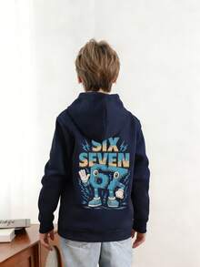 Tween Boy "67 Funny Number Meme" Print Fleece Pullover Sweatshirt Sweatshirt, Warm & Comfortable For Autumn/Winter, Suitable For Casual Wear & Streetwear - Navy Blue - View 2