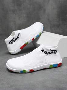 Women's Casual Sneakers, 2026 Summer New Flat Soft Comfortable Knitted Mesh Breathable Low-Top Round Toe Slip-On Shoes, Random Colorful Graffiti Sole Design, Comfortable Wide Toe Box, Suitable For Middle-Aged And Elderly, Mothers, Nannies - White - View 3