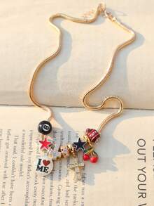 1pc "Love Yourself" Charm Necklace, 1pc Cross Necklace, 1pc 8 Ball & Cherry Necklace, 1pc Star Girl Necklace, 1pc Dark Star Necklace, Party Necklaces - Gold - View 3