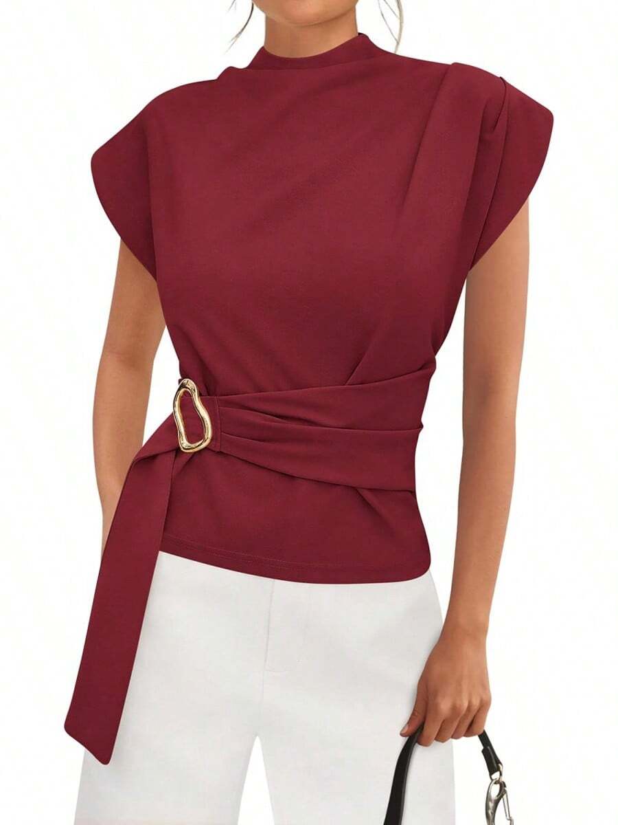 Women Blouses Spring Dressy Cap Sleeve Mock Neck Work Shirts Buckle Tunic Summer Business Casual Tops 2026 - Burgundy - View 1