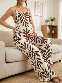 Maternity Tropical Plant Print Wide Leg Jumpsuit, Suitable For Vacation And Summer Wear (YY1159) - Brown - View 3