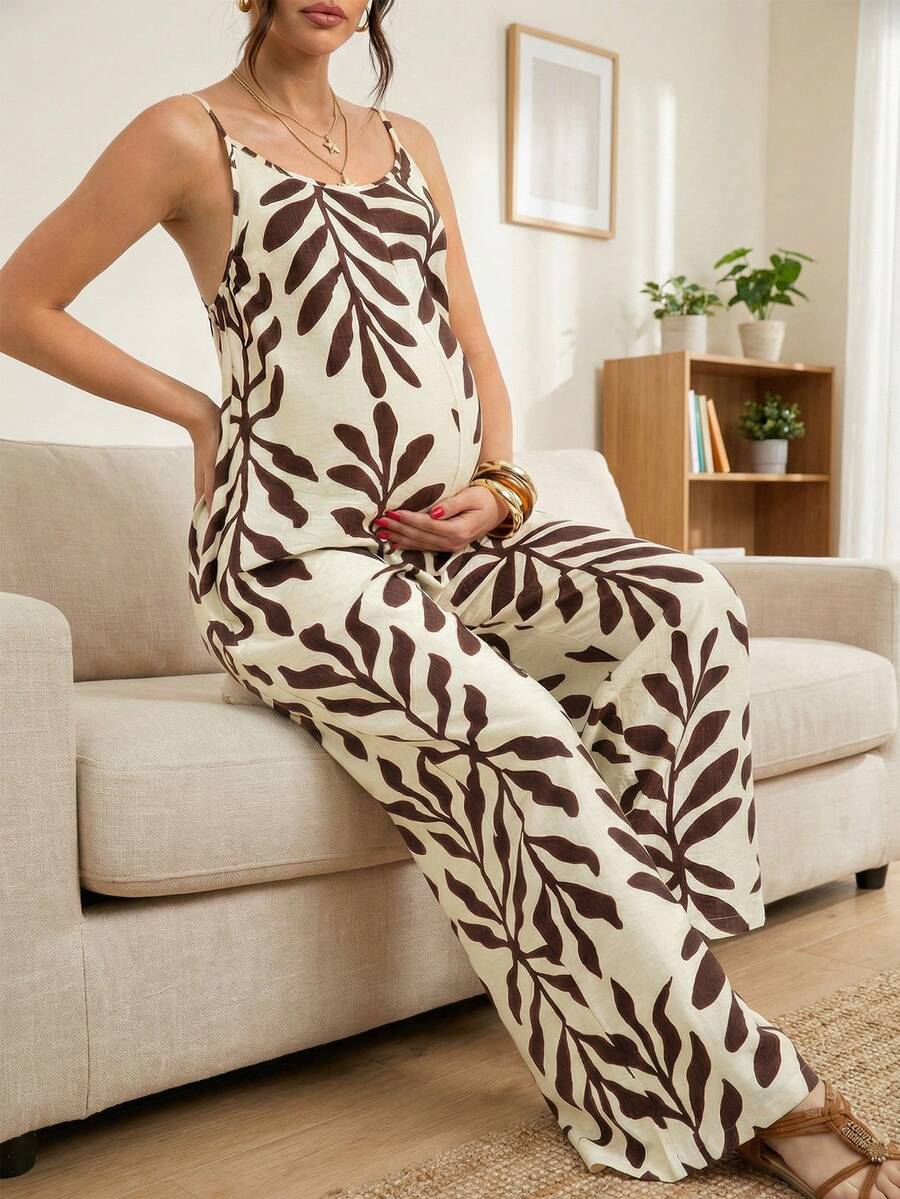 Maternity Jumpsuit With Adjustable Drawstring, Loose Wide Leg Jumpsuit Set, Featuring Tropical Plant Print Pattern, Suitable For Vacation And Summer Wear - Brown - View 1