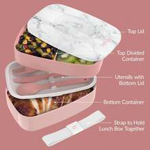 Stackable 3 Compartment Lunch Box With Utensil Set Blush Marble Bento Container For Meal Prep - Blush Marble - View 6