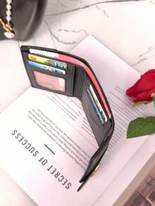 3-Fold Women Flap Closure Flower Print Short Wallet, Classic Multi-Card Slots Anti-Theft Bank Card Holder, Vintage Style Compact Purse - Black - View 7