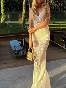 MORI 夏季白色吊带U领镂空针织罩衫连衣裙，女士春夏新款休闲优雅收腰百搭吊带长裙，沙滩度假性感露背派对连衣裙 - 白色 - 查看 1