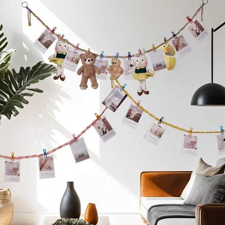 1 Set Cuerda colgante de muñeca de peluche + Clip de almacenamiento, Bolsa de red tejida de cuerda de algodón para almacenar ropa, sombreros, calcetines - Decoración colgante de red de peluche linda para habitación de niños - Multicolor - Añade 2