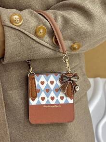 1个时尚简约的棕色心形网格元素皮革折叠手机壳，搭配蝴蝶结挂绳，可保护手机并防止跌落：适用于三星 Galaxy Zflip 3/Zflip 4/Zflip 5/Zflip 6/Zflip 7/ Razr 50 Ultra/ Razr 60 Ultra/ Razr 60/ Razr 50/Galaxy Z Flip7 FE - 棕色 - 查看 7