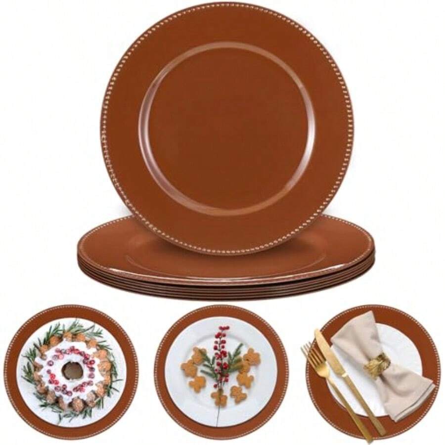 Bokon Juego de 6 platos de carga navideños redondos de 33 cm con cuentas de plástico elegantes confiables y reutilizables para decoración de mesa de fiesta de bodas evento Navidad cena Marrón - Marrn - Ver 1