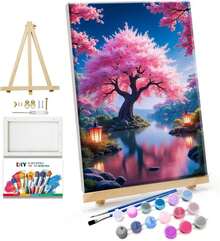 JOOZ Paint By Numbers Kit For Adults With Easel Cherry Blossom Tree Paint By Number With Frame Lake Scenery Adult Paint By Number Kits Oil Painting By Numbers For Gift Home Wall Decor 8x12 Inch - ColorD - View 1