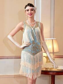 1920s Flapper Style Lace V-Neck Fringe Dress Set For Women - Baby Blue - View 8
