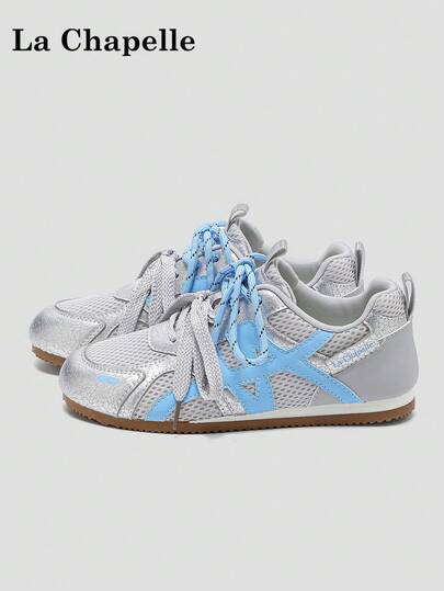 1 par de zapatos casuales de suela gruesa con cordones y suela blanda para mujer de La Chapelle, zapatos planos de exterior de puntera redonda y tacón bajo antideslizante de unicolor elegante y suela blanda, adecuados para estudiantes que toman fotos de graduación, zapatillas de cuero de caña baja para mujer