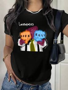 Camiseta de algodón pesado cómoda universal de estilo graffiti con letras de roca, casual, moda, versátil, para ir al trabajo, deportiva, esencial de uso diario, regalo de cumpleaños, regalo de San Valentín, actividades al aire libre para parejas - Negro - Ver 8