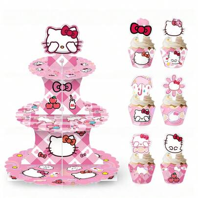  Sanrio Cartoon Cat Birthday Party Decorations, Cat Theme 3-Tier Cupcake Stand, Decorative Paper And 1 Cake Topper, Cat Party Decorations, Perfect For Birthday, Baby Shower Or Any Sweet And Stylish Celebration