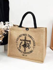 Christian Large Capacity Tote Bag Set, Equipped With Inspirational Faith Quote Printed A Zipper Cosmetic Bag, ,Inspirational Quotes Printed With "God", Faith Conquers Fear Christian Multifunctional Handbag, Large Capacity Shoulder Bag, Casual Linen Bag - Multicolor - View 2