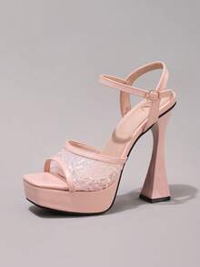Giày sandal cao gót đế xuồng ren thời trang, giày dự tiệc gợi cảm, sandal hở mũi gót vuông, giày cao gót sàn catwalk dành cho nữ. - Hồng - Xem 17