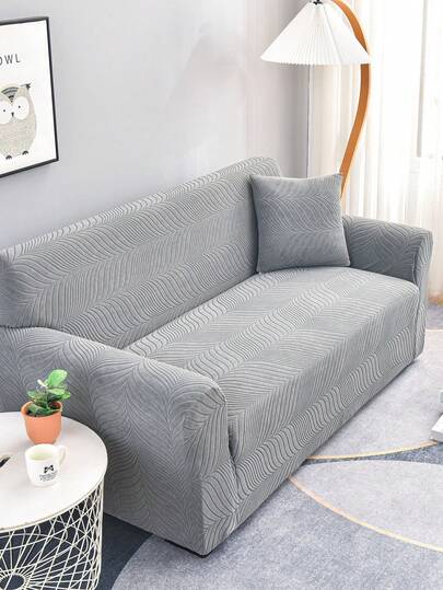 1件灰色叶子图案提花毛绒弹力沙发套（含1个枕套），涤纶材质，防尘防滑加厚，适用于1/2/3/4人沙发，尤其适合秋冬季沙发装饰。