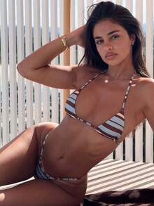 Vintage Brown & Blue Striped Fitted Spaghetti Strap Bikini Set, Suitable For Beach Vacation - Multicolor - View 1