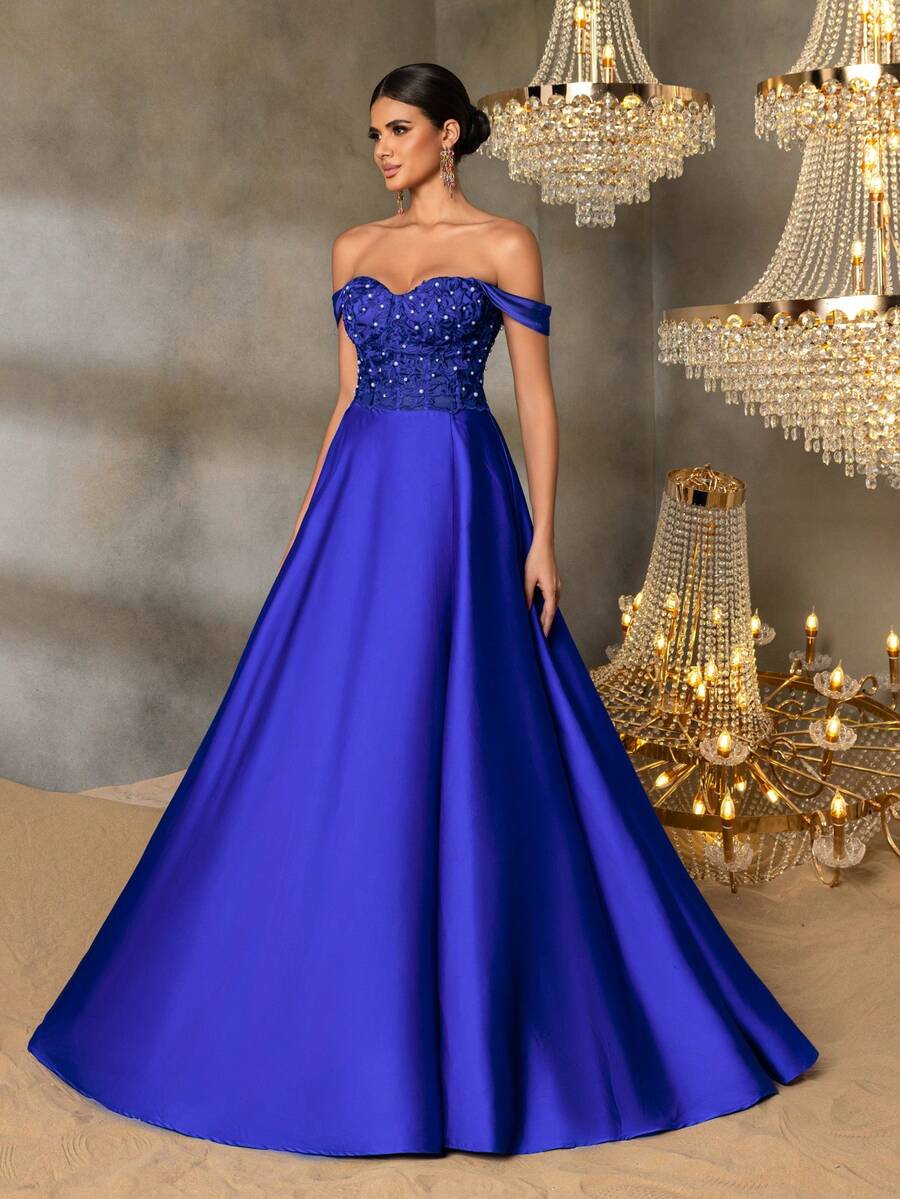 Faeriesty Đầm dạ hội trễ vai dành cho nữ, thân áo ôm sát đính ren và ngọc trai, kiểu dáng thanh lịch, xẻ tà cao, dáng ôm vừa vặn, thích hợp cho các bữa tối trang trọng, đám cưới, dạ hội, sự kiện thảm đỏ và các buổi lễ kỷ niệm trang trọng mùa xuân. - Xanh đậm - Xem 1