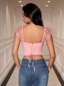 PARTHEA Elegant Women's Pink Square Neck Knitted Top With Cap Sleeves Featuring Delicate Contrast Lace And A Flattering Ruched Bust Design - Baby Pink - View 2