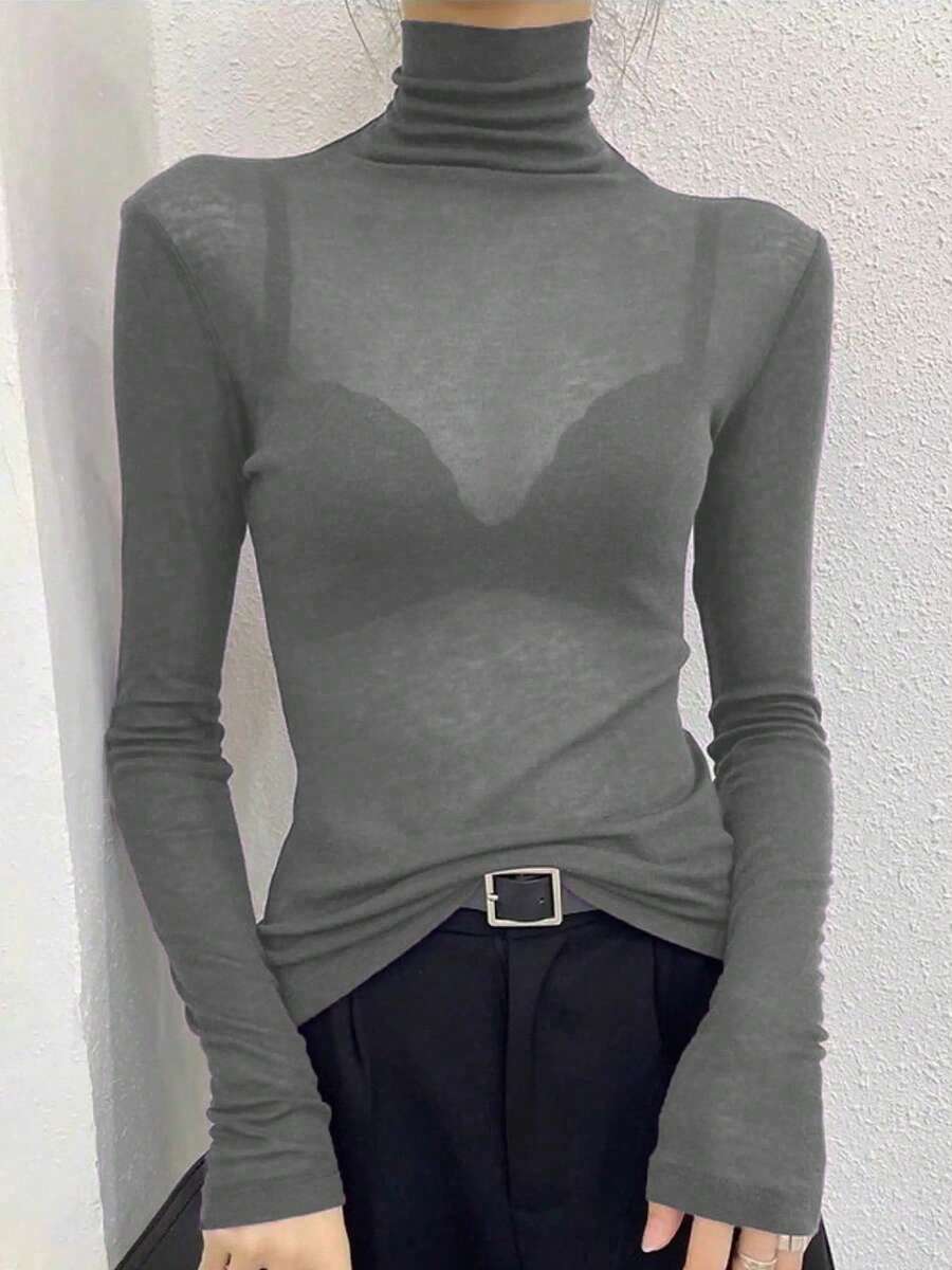 2025新款黑色高领透视网纱薄款长袖T恤，秋冬季叠穿上衣 - 灰色 - 查看 1