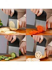 1PC Stainless Steel Potato Knife Wave Knife Wolf Teeth Knife Household Kitchen Cutting Vegetable Multifunctional Potato Chip Knife - Kitchen Must Have, Camping Cooking Tools, Kitchen Accessories Essentials, Professional Vegetable Cutter, Wavy Edge Knife, Stainless Steel Kitchen Tool, Potato Slicer For Chips, Home Cooking Gadgets, Chef Knife Alternative, Compact Camping Cutlery, Durable Kitchen Knife, Unique Blade Design, Efficient Food Prep Tool, Rustproof Cooking Utensil, Multipurpose Kitchen Knife - Black - View 3