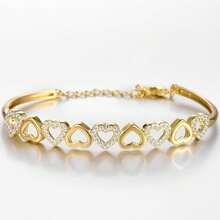 14K Gold Plated Hearts Bangle Adjustable Bracelet With Crystals In 14K Gold - 黃金 - 查看 5