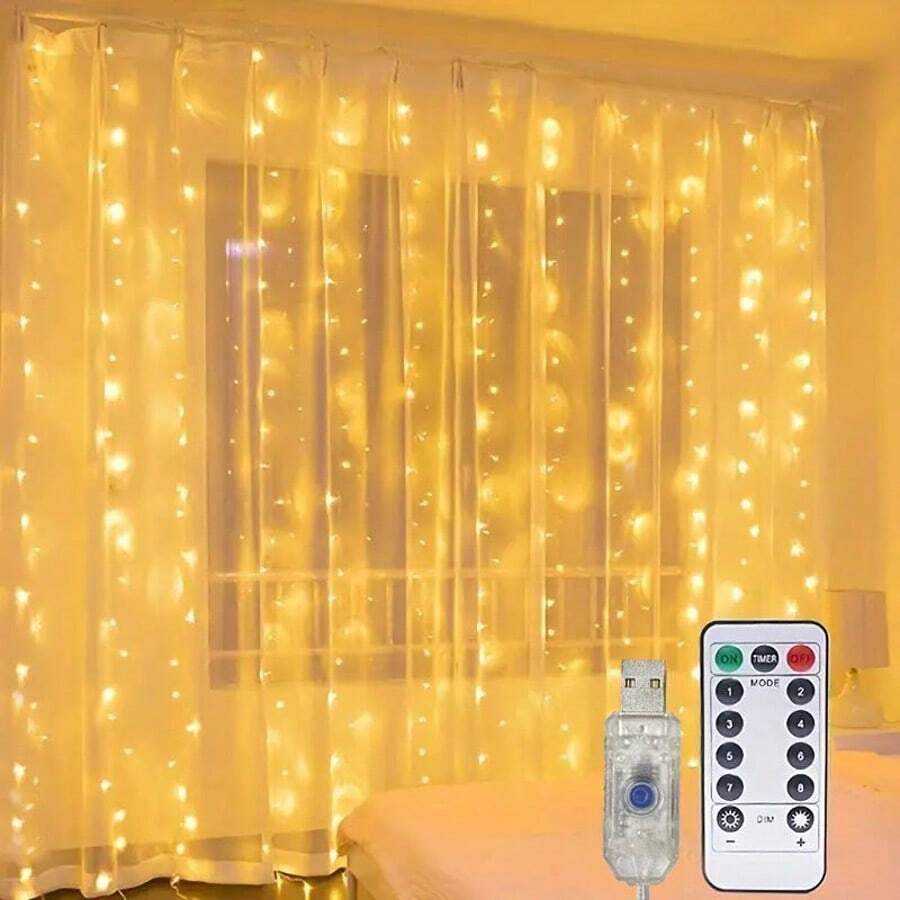 1 pieza Luces de cortina LED de 8 funciones, alimentadas por USB, luces de ambiente para bodas, adecuadas para dormitorio, sala de estar, decoración de pared, cumpleaños, fiesta de vacaciones (control remoto no incluido)