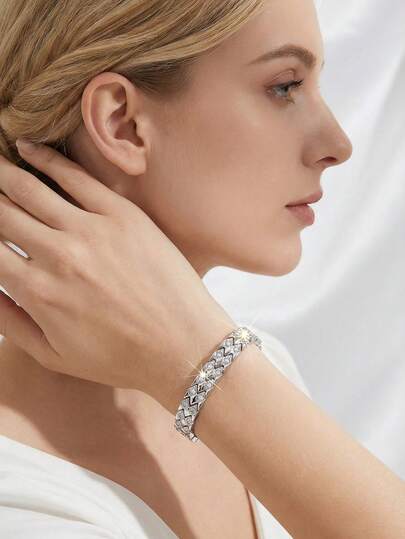 1pc Luxury Elegant Cubic Zirconia Braided Design Bracelet, Suitable For Women's Wedding And Party Wear, No Gift Box Included