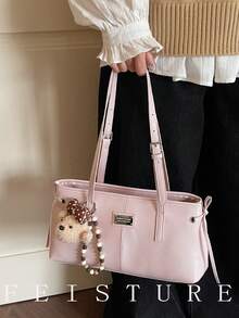 1pc Solid Color PU Fabric Pink Underarm Bag, Large Capacity Women's Commuter Bag, With Pendant, Suitable For Girls, Ladies, College Students, Career Starters, And Office Workers, Great For Work, Business, Commuting, And School - Pink - View 4