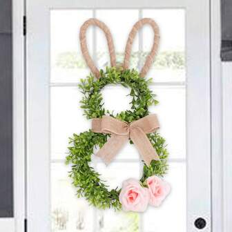 Corona de conejo de Pascua, corona de conejo con hojas de eucalipto, corona festiva, protección UV, adecuada para colgar en porches exteriores, armarios interiores y decoraciones de pared de ropa.