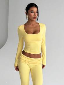 WOWDARK Women's Fashion Square Neck Fitted Casual Cropped Top And Long Pants Set - Màu vàng - Xem 3