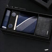 6件套男士轻便休闲钱包+优雅领带套装，情人节、生日、父亲节送给他的完美礼物 - 黑色 - 查看 6