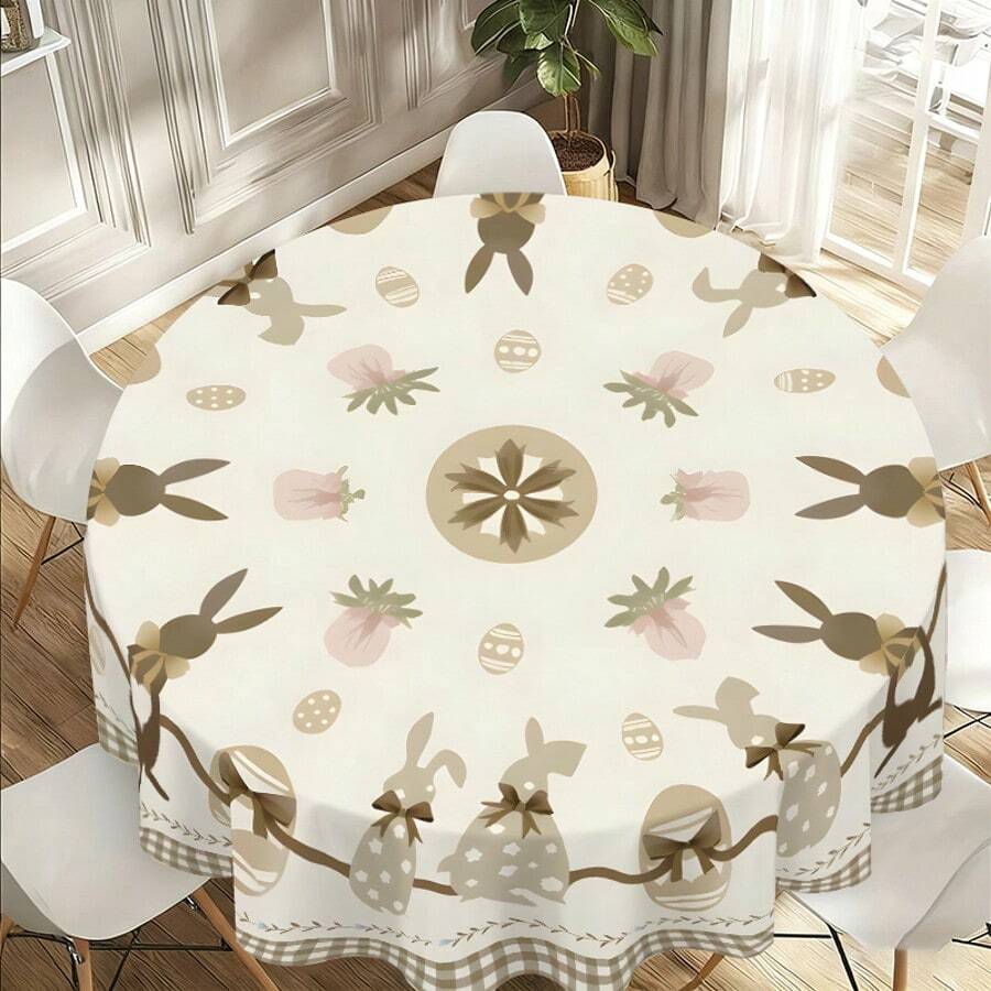 1pc Muted Easter Bunny Round Tablecloth, Colorful Egg & Floral Soft Decor For Dining Room, Home, Washable, Suitable For Daily Use, Easter Party, Outdoor Picnic - 100% Polyester - Multicolor - View 1