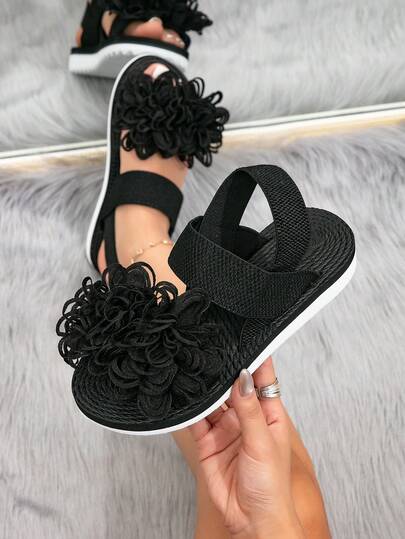 Women's 206 New Fashion Summer/Spring/Autumn Outdoor Wear Versatile Sexy Open Toe Elastic Band Flat Sandals With 3D Decorative Flowers, Lightweight, Comfortable, Breathable, Non-Slip, Wear-Resistant, Suitable For Beach