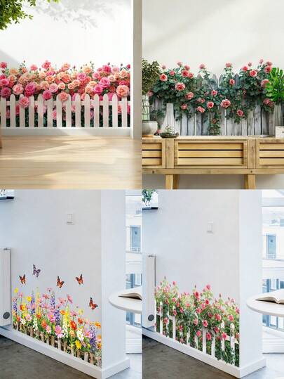 Rural Style Simulation Flowers Fence Wall Decals, Romantic Rose Wall Art Murals, Self-Adhesive Peel And Stick Wall Decor For Bathroom Bedroom Living Room Entrance Baseboard Cabinet Nursery Wall Paper Home Decor