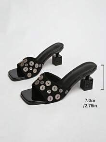 小众设计新款单带露趾方头厚底凉鞋，百搭亮片女士拖鞋 - 黑色 - 查看 7