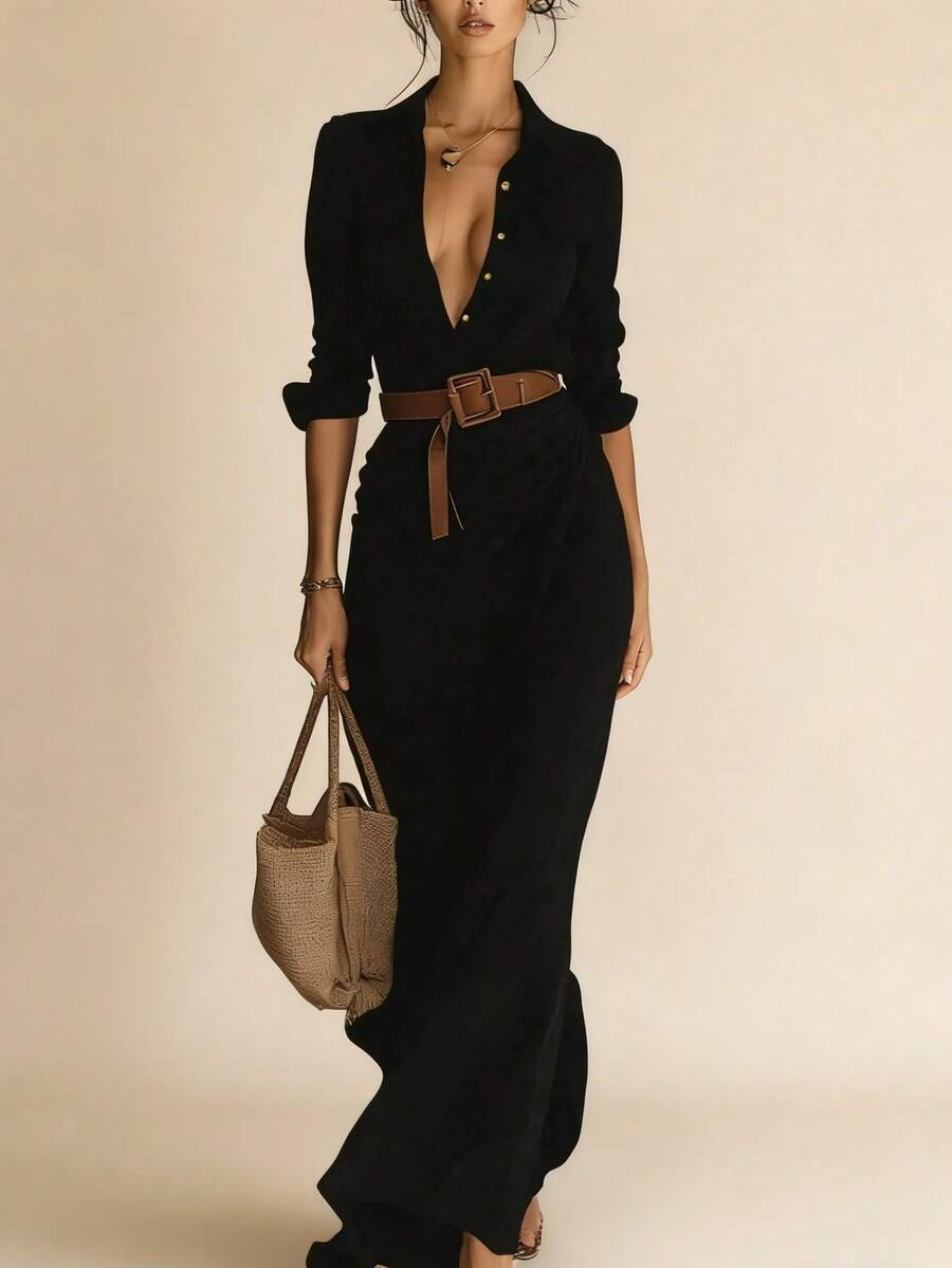 Plus-Size Dress - 2025 Women's Autumn Elegant And Sexy Pure Color Irregular Pleated Dress With Belt - 黑色 - 查看 1