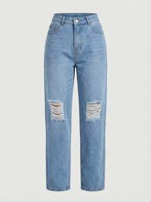 Pantalón Mujer Casual Straight Leg Washed Ripped Raw Hem Tela rígida Bolsillos Button Zipper Corte Recto Sin Estampado, atemporal uso  Diario - AZUL CLARO - Ver 4
