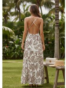 Beach Dress With Special Effect Print, Tie-Up Style, Beach, Night, Diary, Dating, Street, Travel. - Marron Farmi - Xem 3